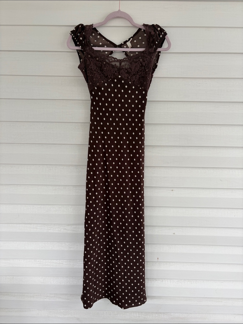 Brown Polka Dot Maxi Dress XS Lace mesh Sheer Y2K Romantic Cottagecore Dress
